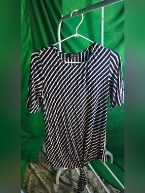 Fred David Navy and White Diagonal Stripe Tie-Hem Short Sleeve Tee